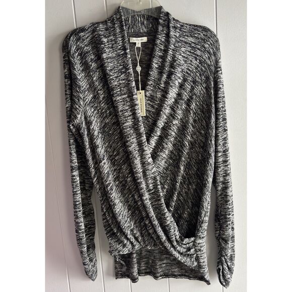 Max Studio Black Ivory Faux Wrap High Low V Neck LS Woman's Size M Top #W - Picture 2 of 8